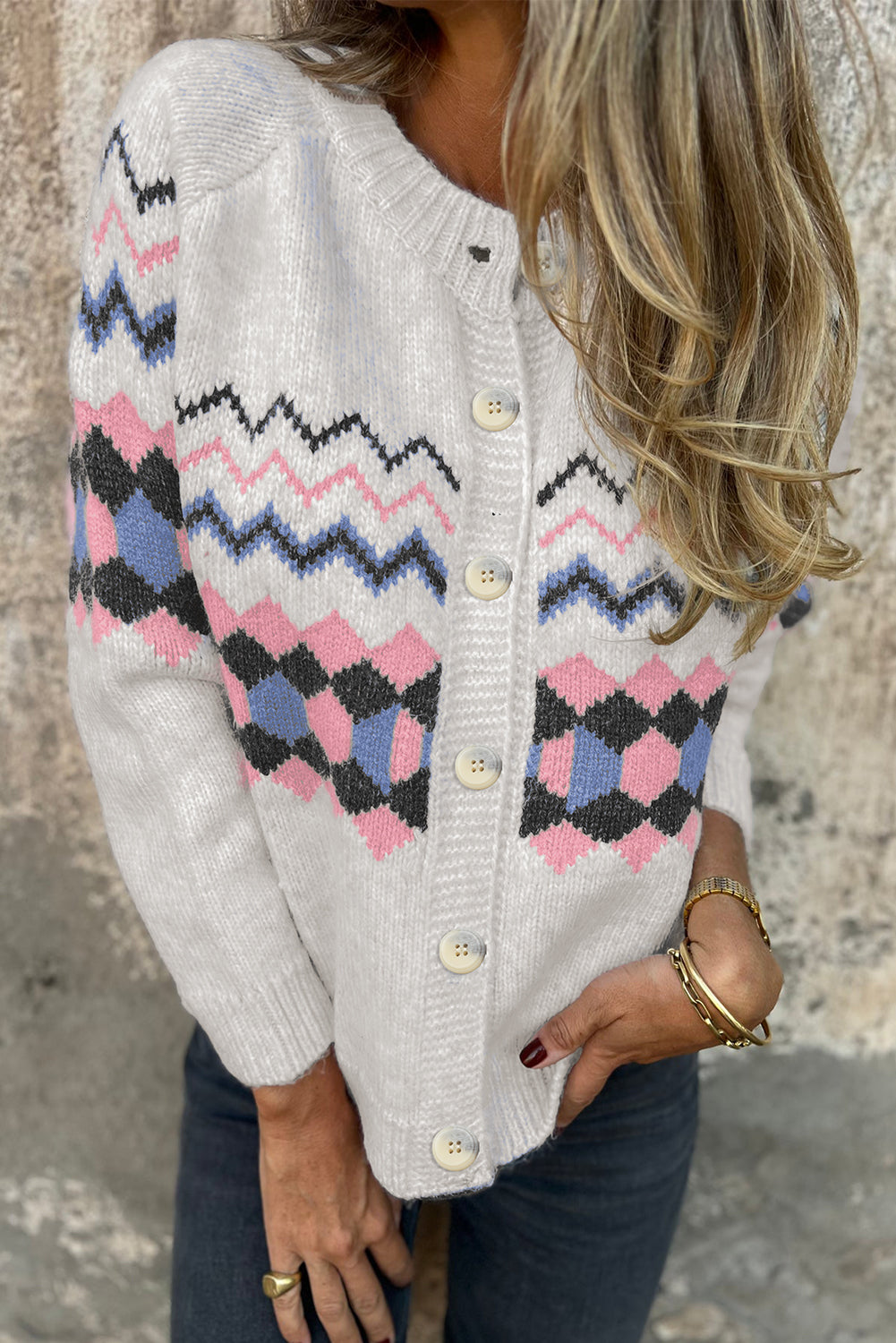 Pink Stripe Geometric Button Up Sweater Cardigan