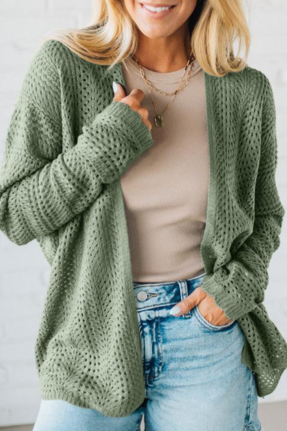 Green Bay Scalloped Edge Eyelet Knit Batwing Sleeve Cardigan