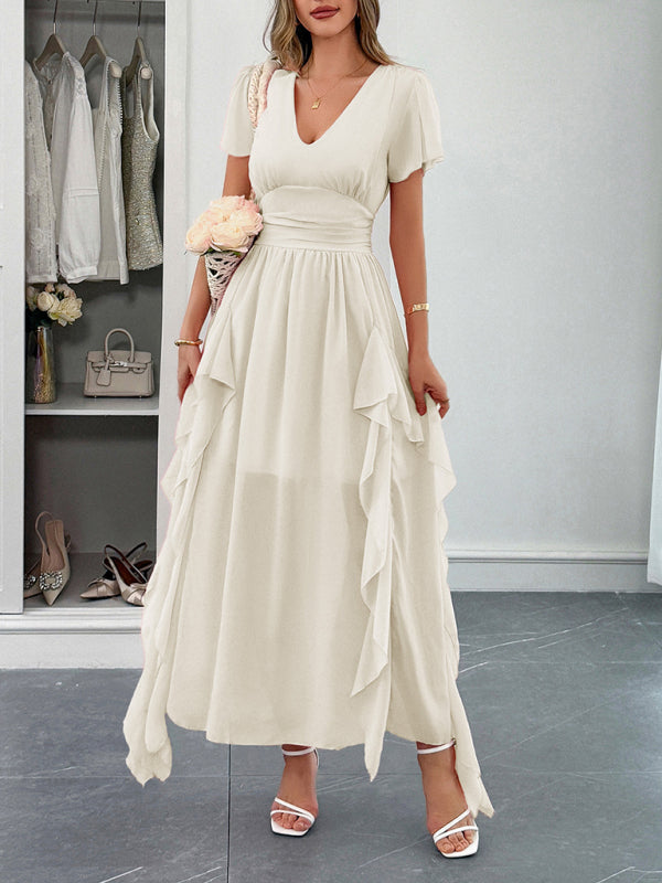 Elegant short-sleeved deep V long dress