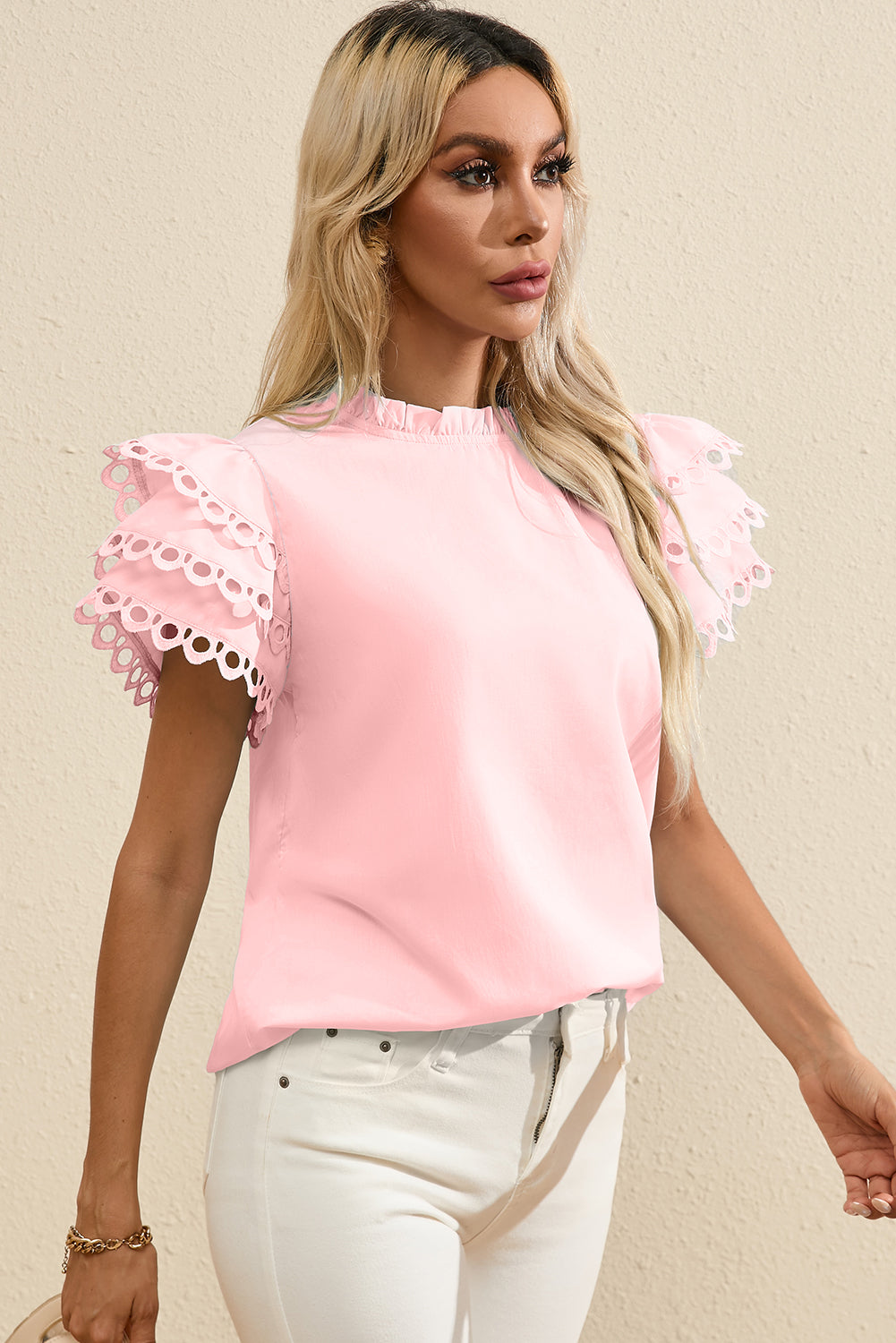 Beau Blue Layered Ric Rac Cap Sleeve Filled Neck Blouse
