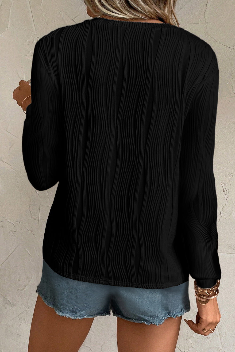 Apricot Textured Wavy Round Neck Long Sleeve Top