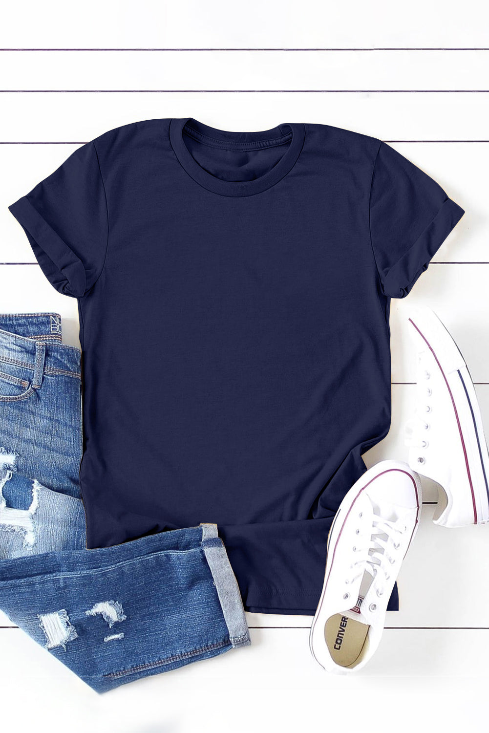 Khaki Solid Color Crew Neck Tee