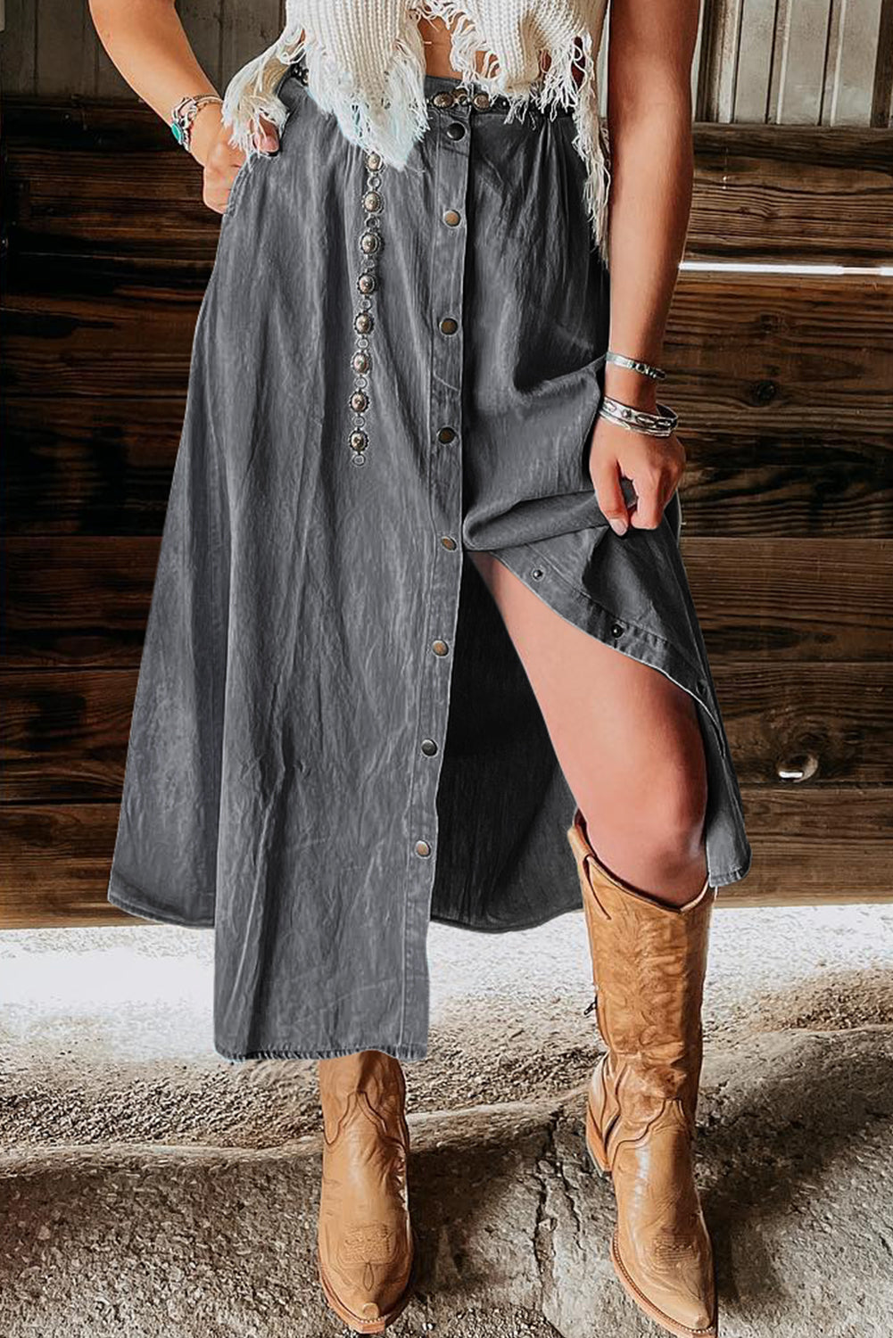 Mist Blue Fully Buttoned Long Denim Skirt