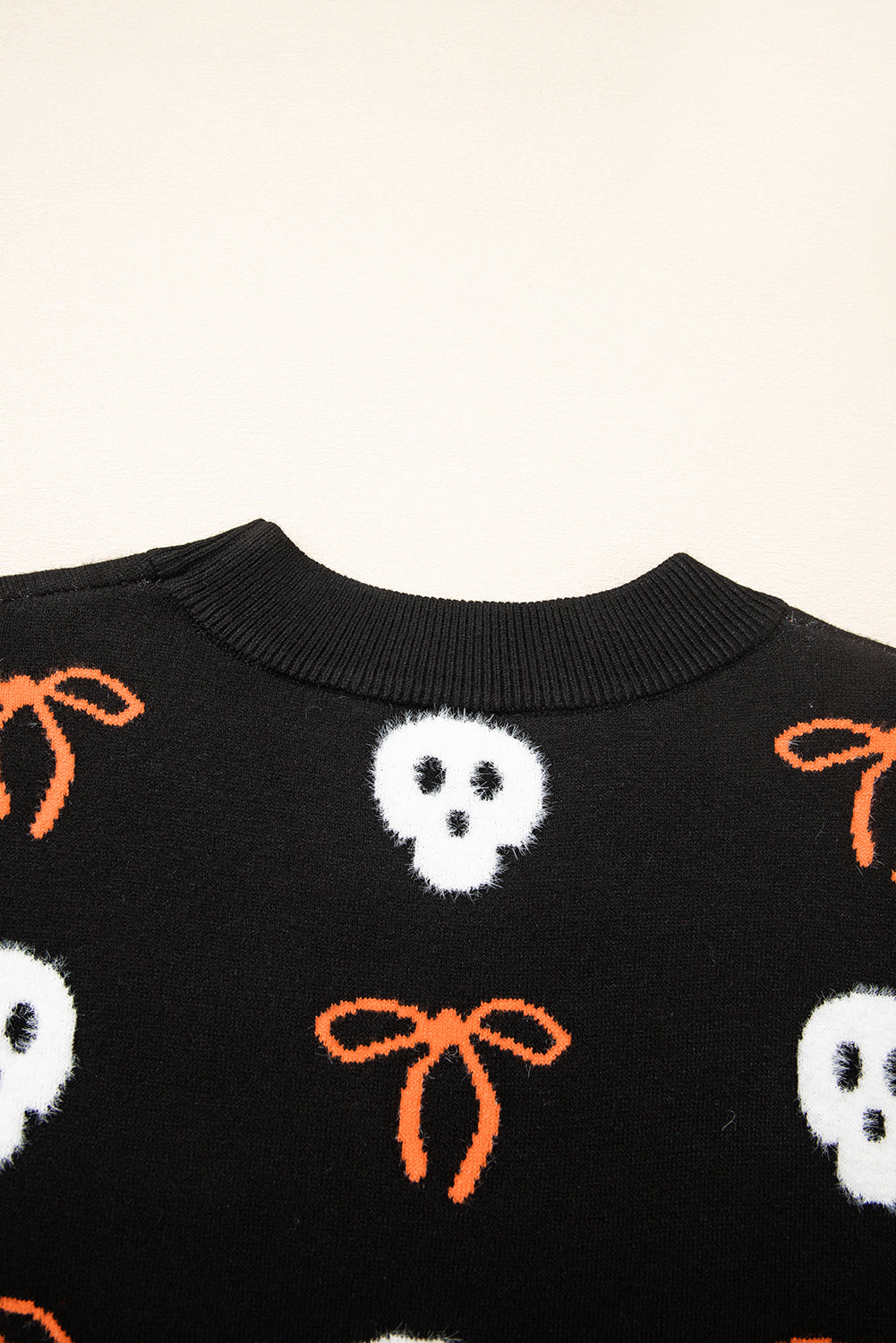 Black Short Puff Sleeve Bow Knot Plush Skeleton Halloween Sweater