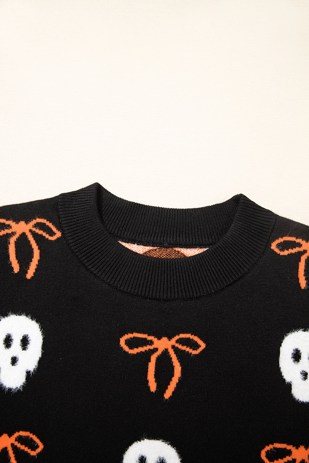 Black Short Puff Sleeve Bow Knot Plush Skeleton Halloween Sweater