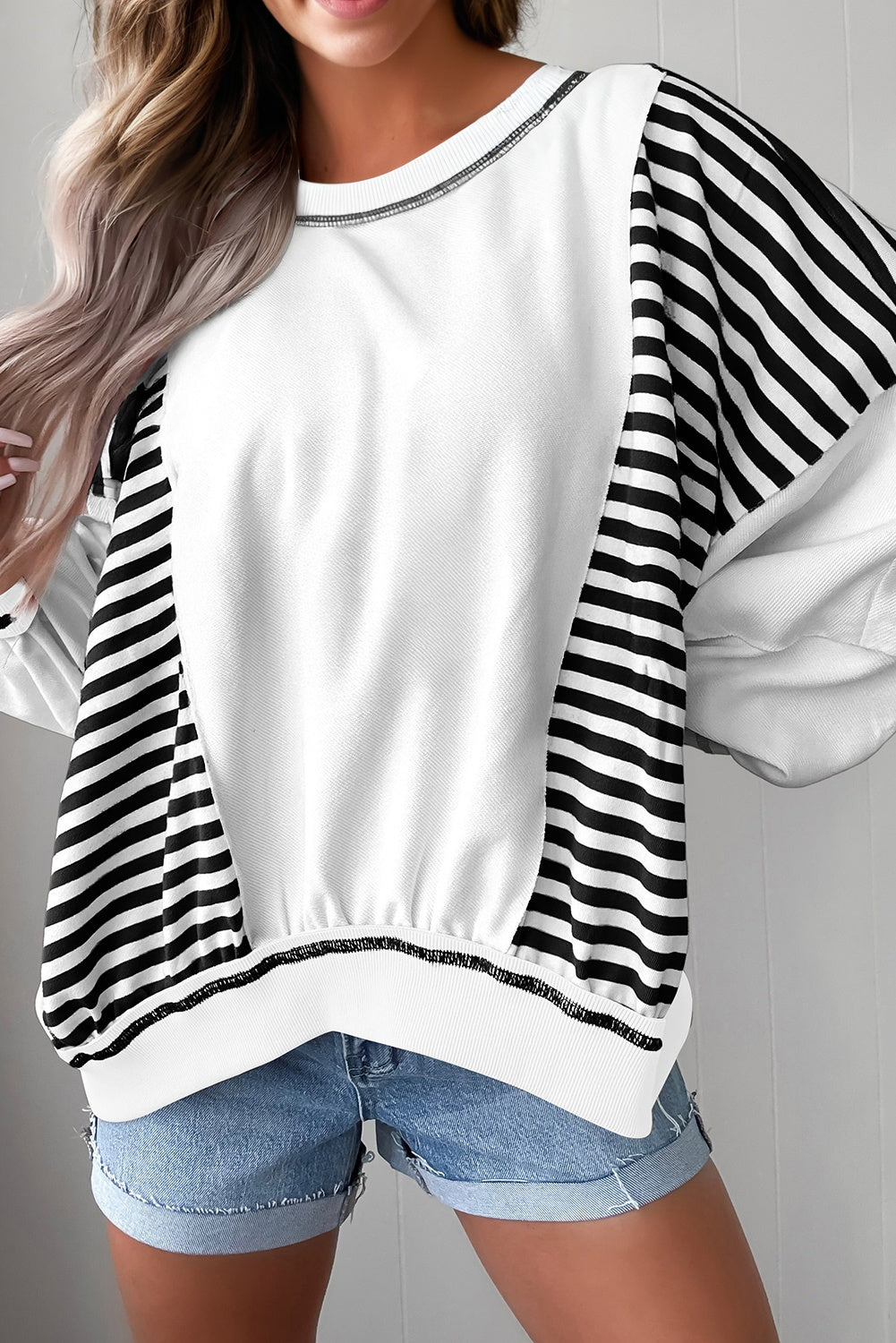 Red Stripe Colorblock Patchwork Contrast Stitching Oversize Sweatshirt