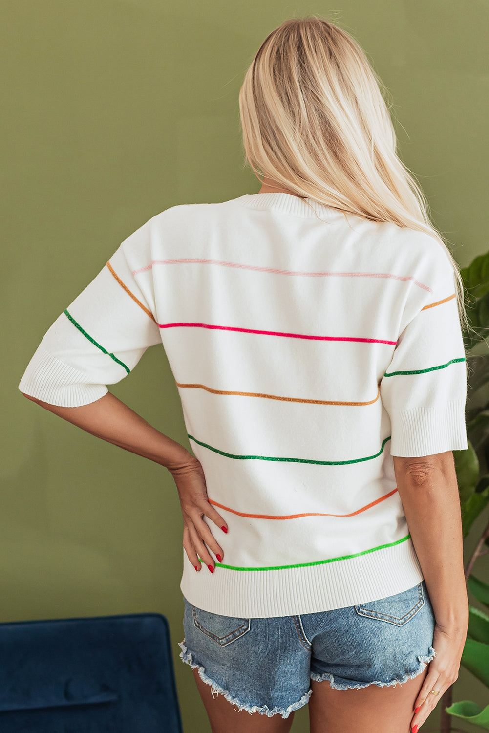 Pink Colorblock Striped Half Sleeve Drop Shoulder Sweater