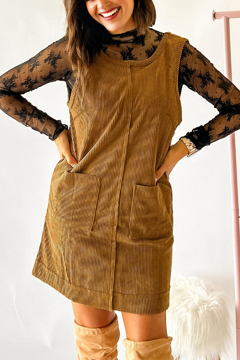 Black Corduroy Sleeveless Mini Dress With Patched Pockets