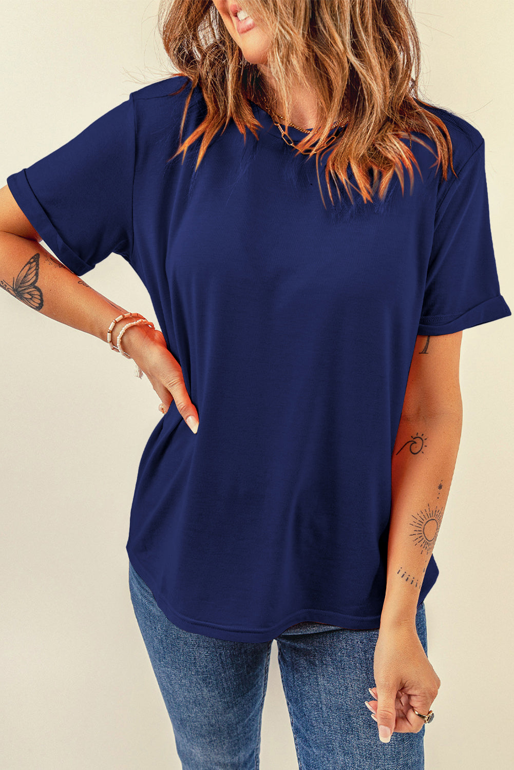 Green Casual Plain Crew Neck Tee