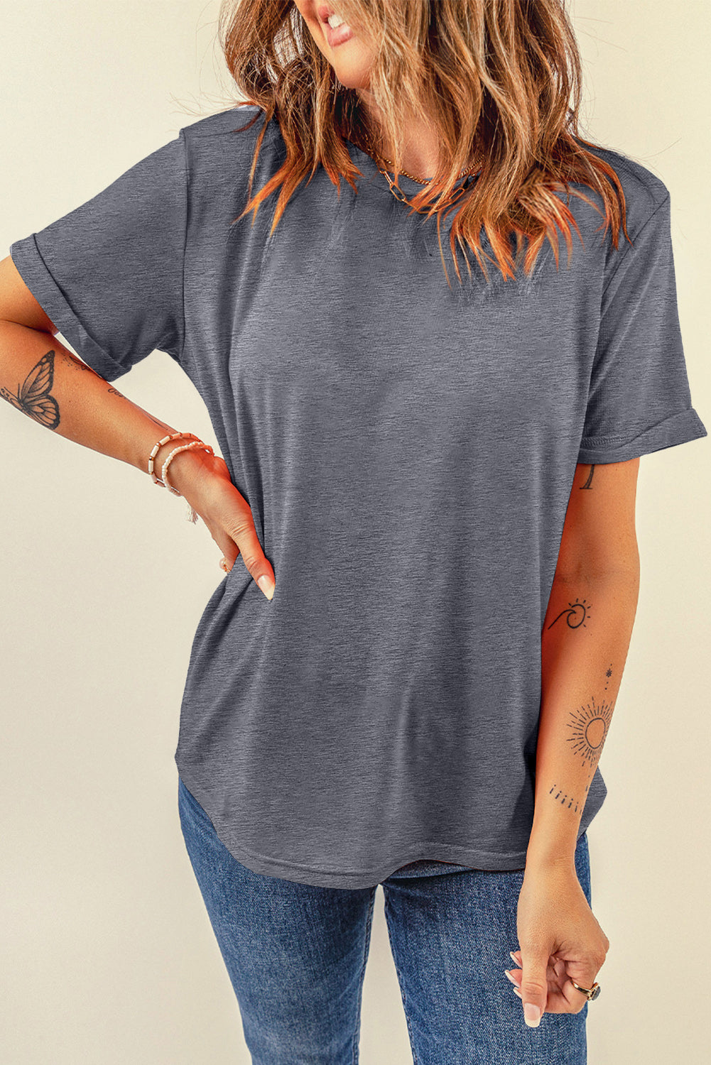 Green Casual Plain Crew Neck Tee