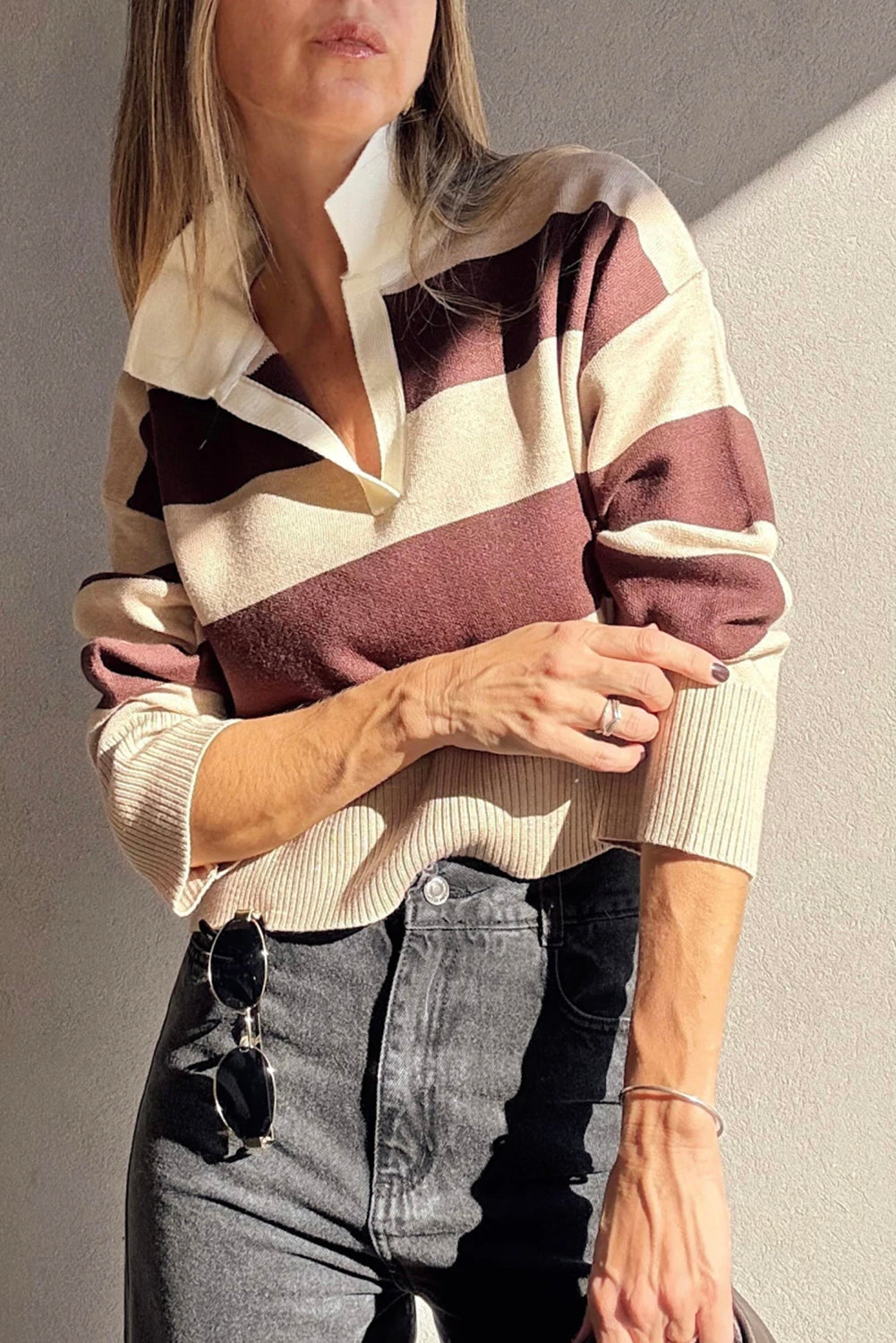 Brown Ribbed Trim Color Block Knitted Polo Collar Sweater