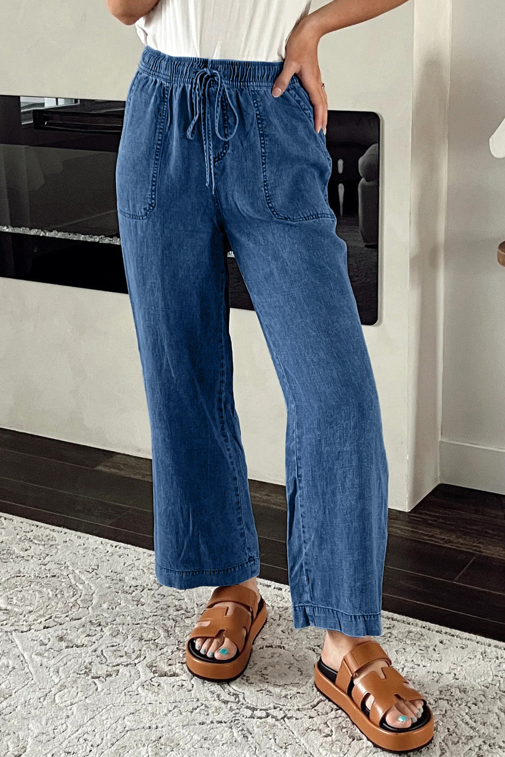 Sail Blue Mineral Wash Drawstring Elastic Waistband Loose Straight Denim Pants
