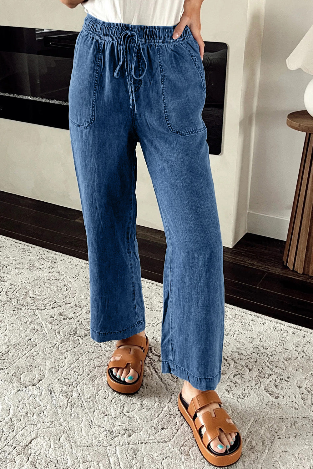 Sail Blue Mineral Wash Drawstring Elastic Waistband Loose Straight Denim Pants