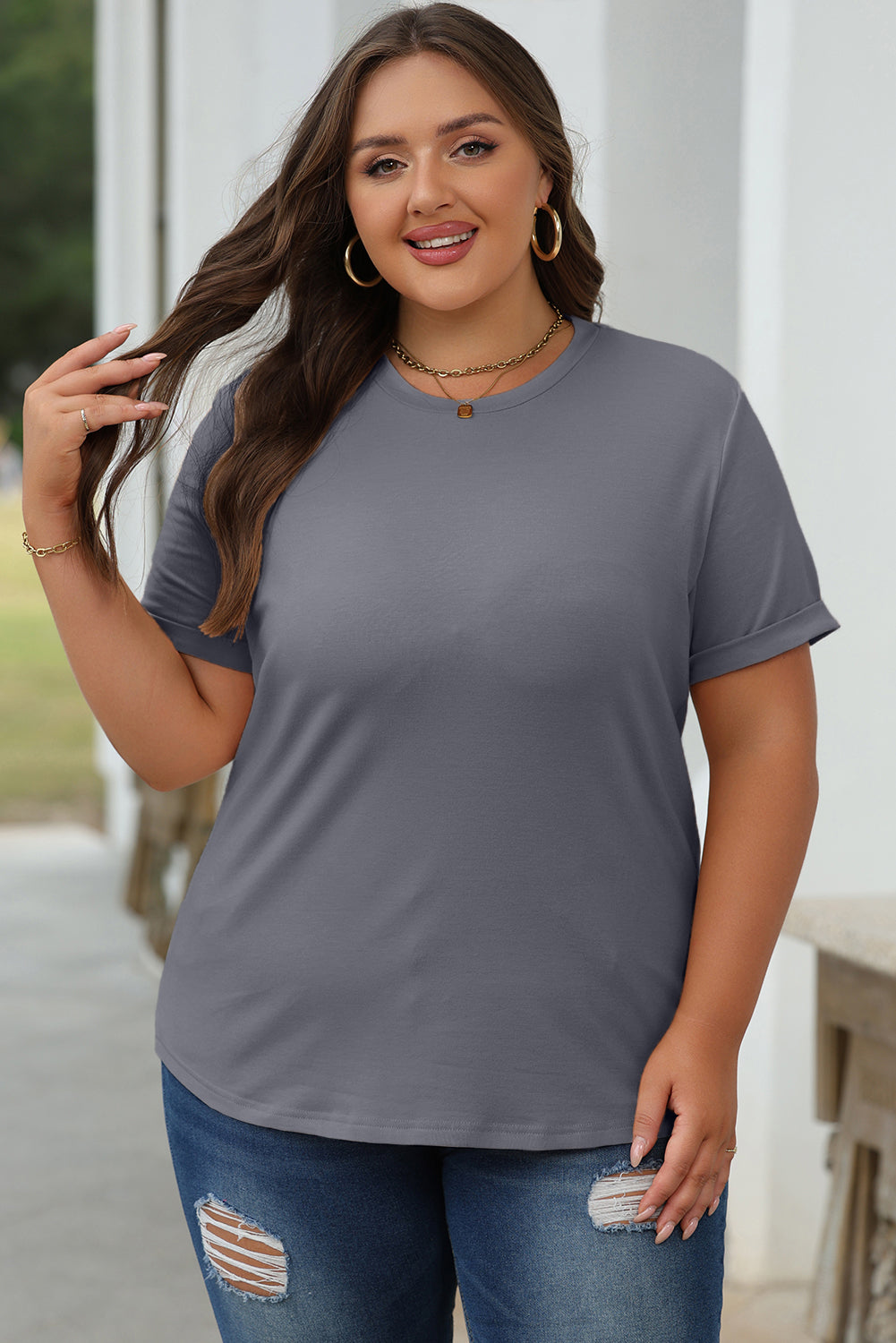 Green Casual Plain Crew Neck Tee