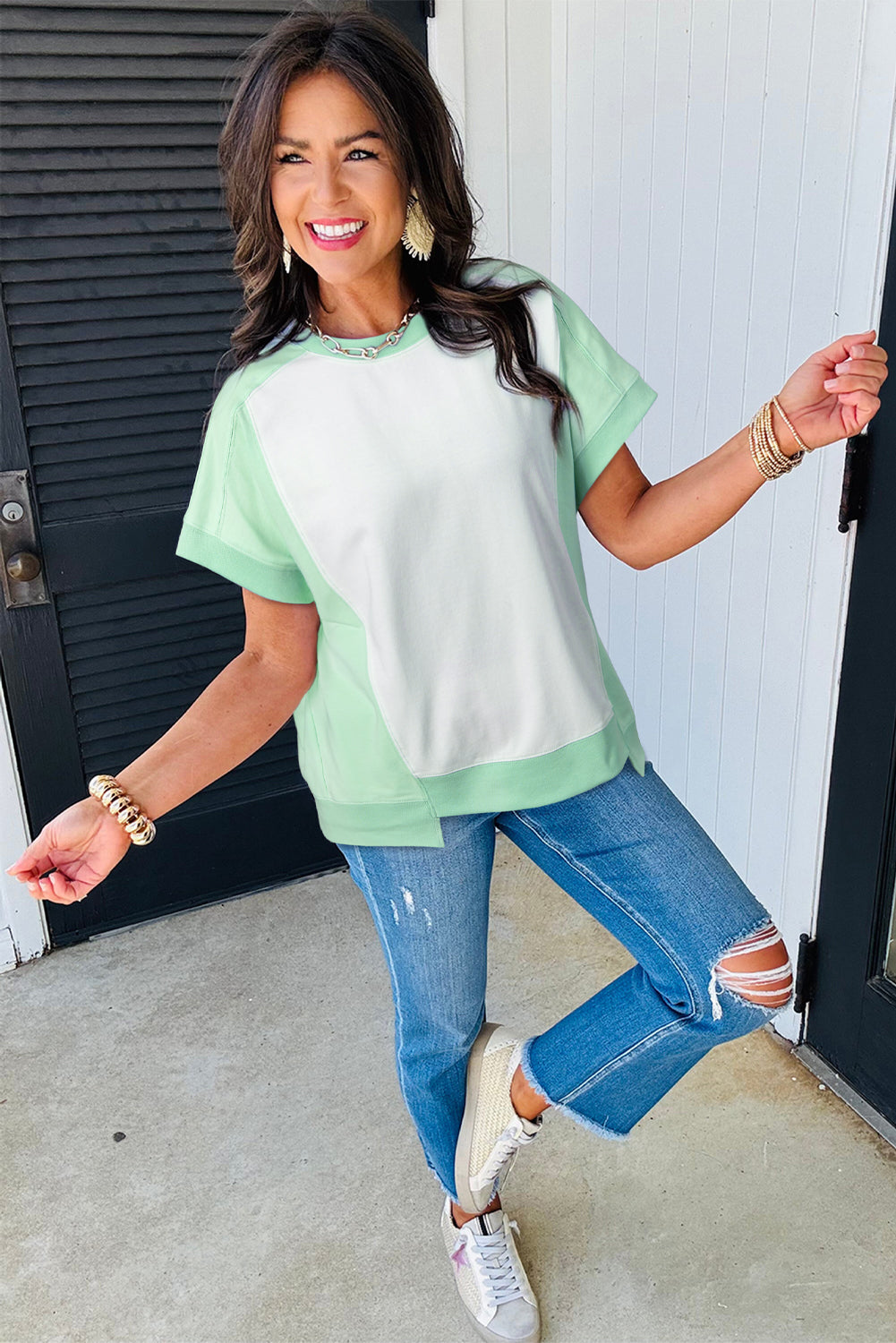 Sky Blue Color Block Exposed Seam Crew Neck T Shirt