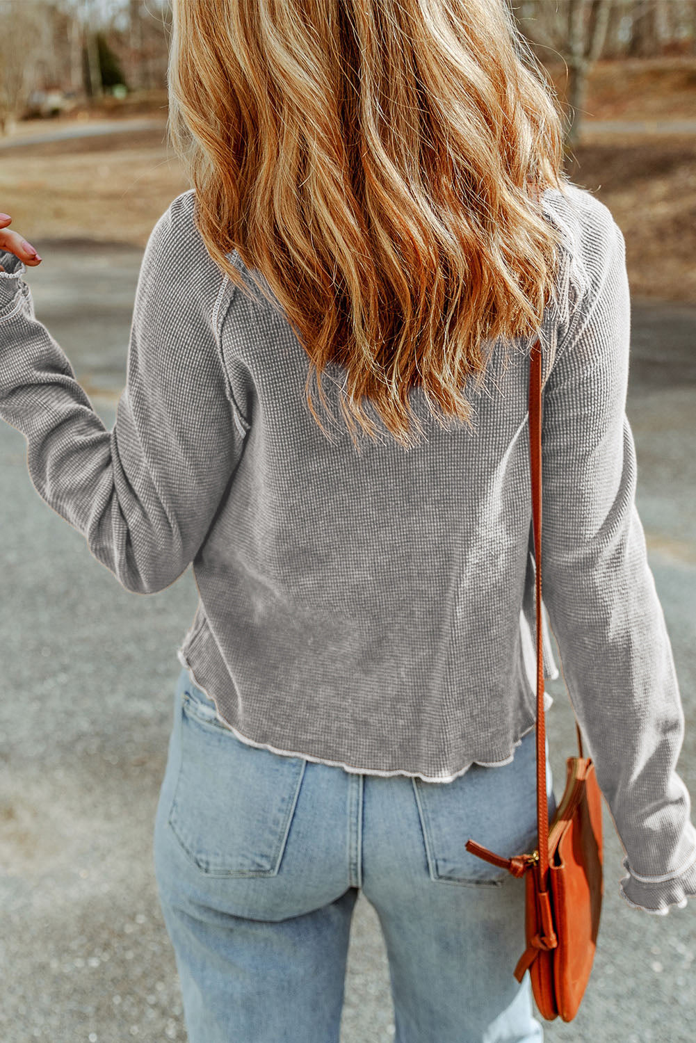 Apricot Textured Round Neck Long Sleeve Top