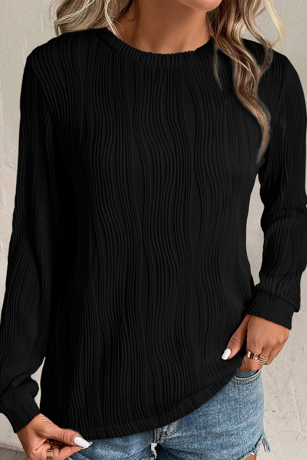 Apricot Textured Wavy Round Neck Long Sleeve Top