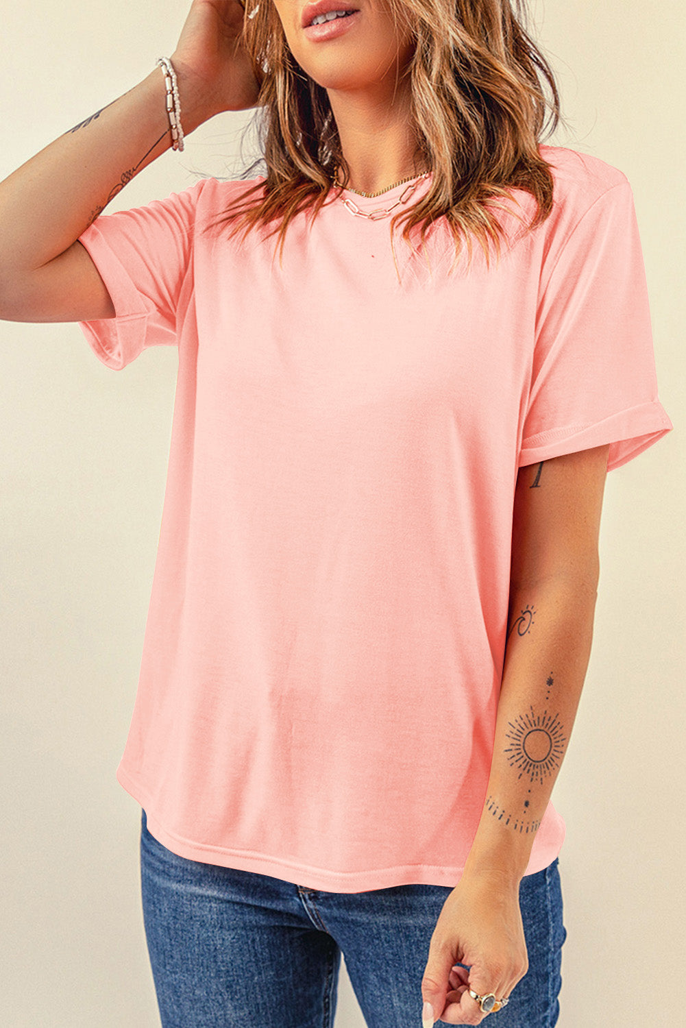 Green Casual Plain Crew Neck Tee