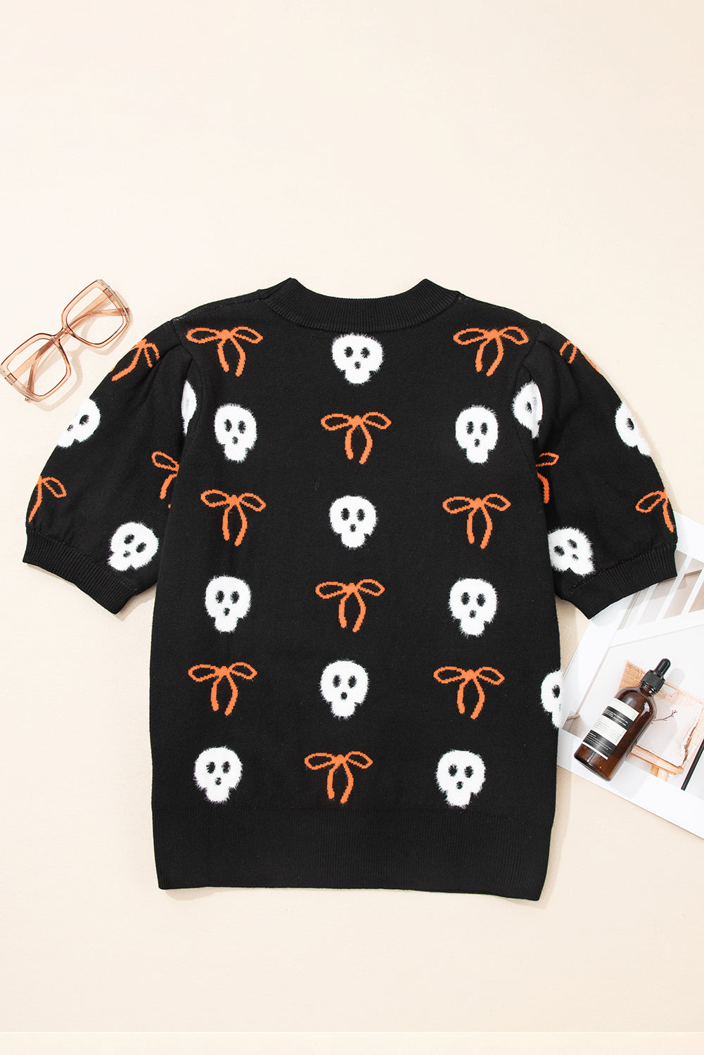 Black Short Puff Sleeve Bow Knot Plush Skeleton Halloween Sweater