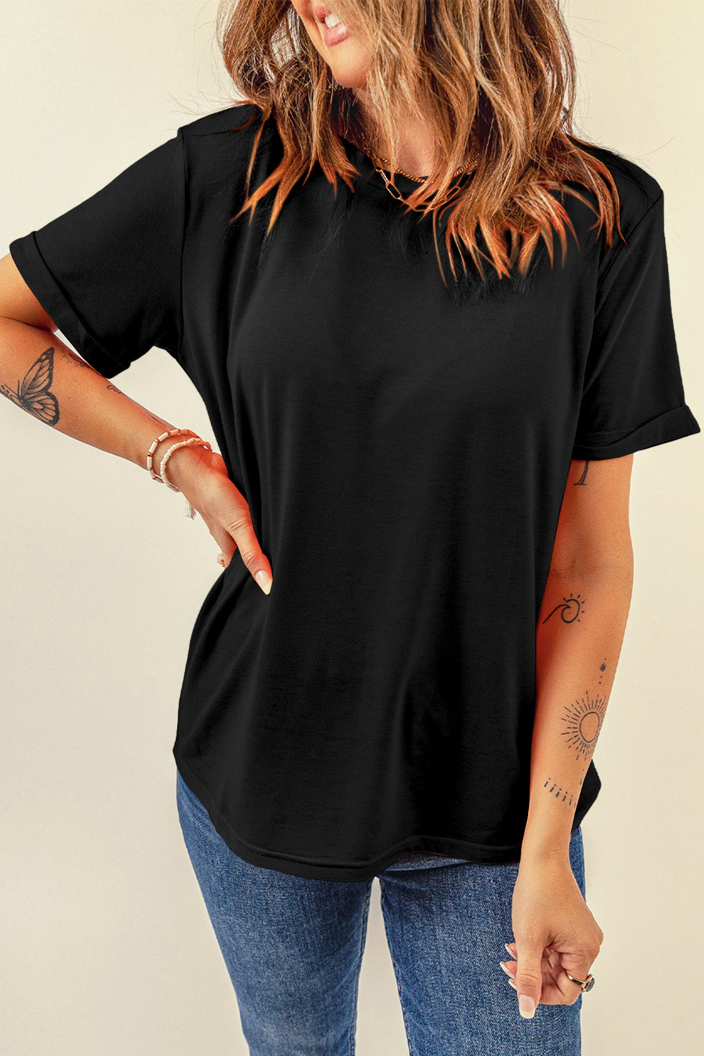 Green Casual Plain Crew Neck Tee