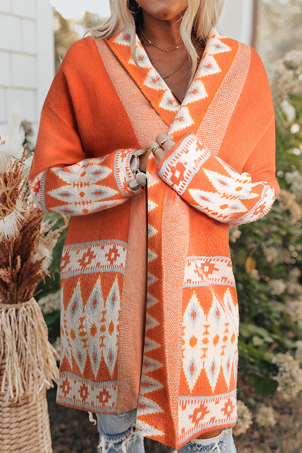 Khaki Aztec Print Open Front Knitted Cardigan