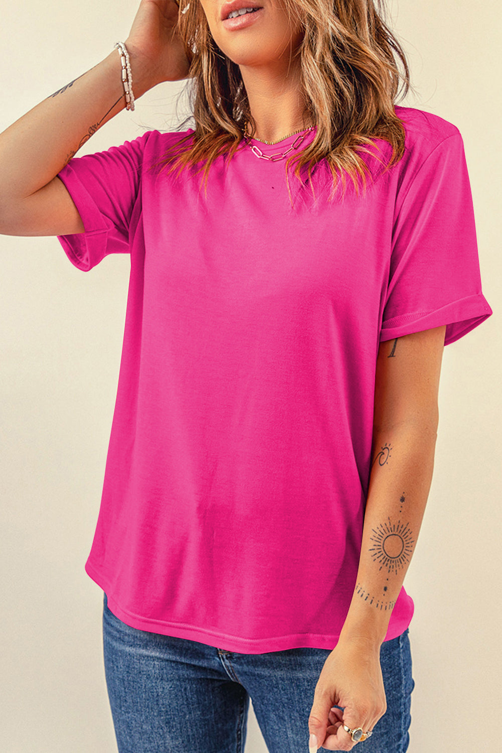 Green Casual Plain Crew Neck Tee