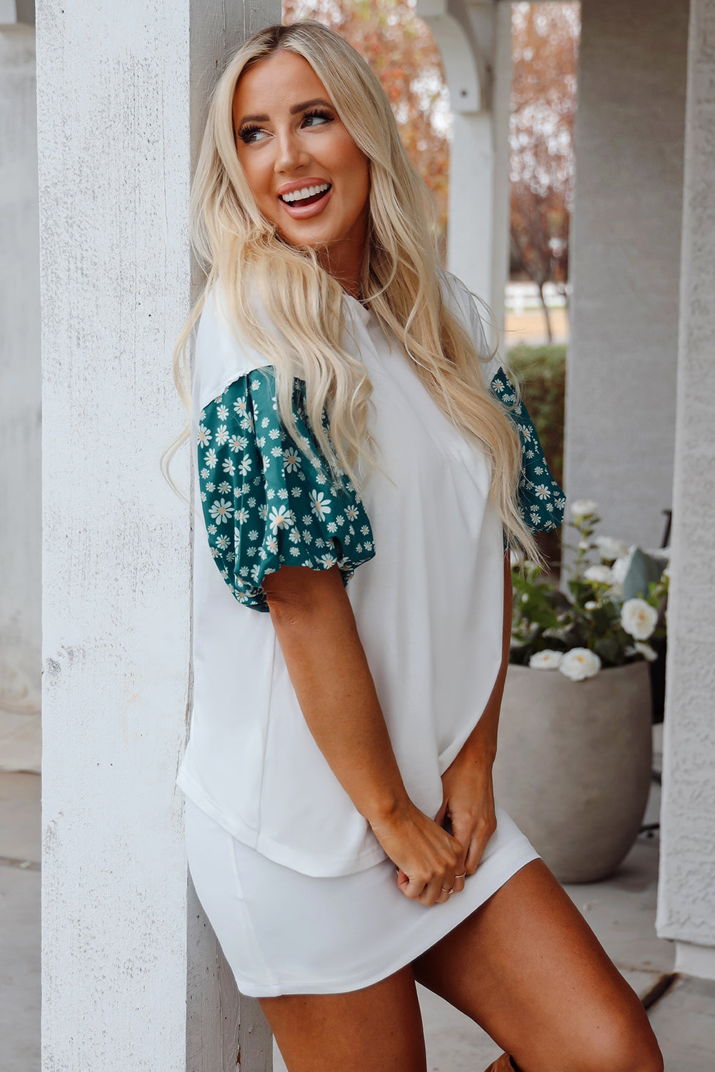 Black Contrast Floral Puff Sleeve Oversized Top