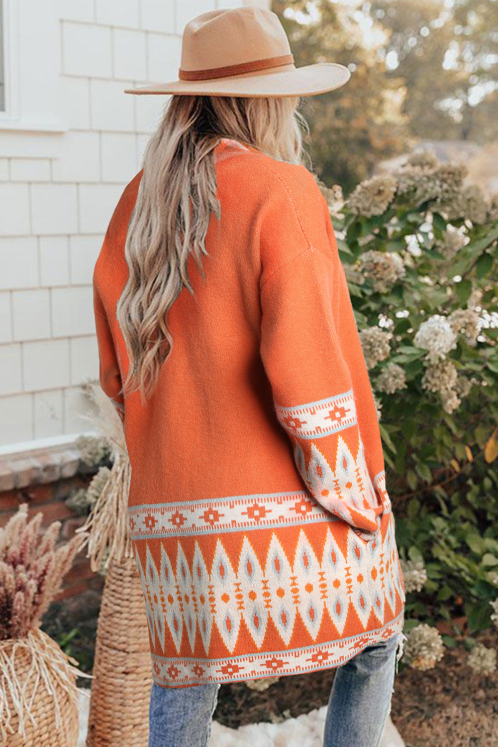 Khaki Aztec Print Open Front Knitted Cardigan