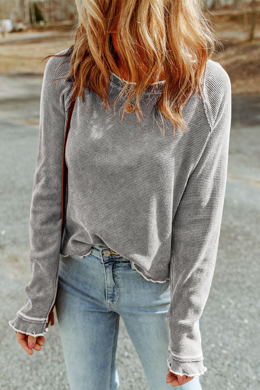 Apricot Textured Round Neck Long Sleeve Top