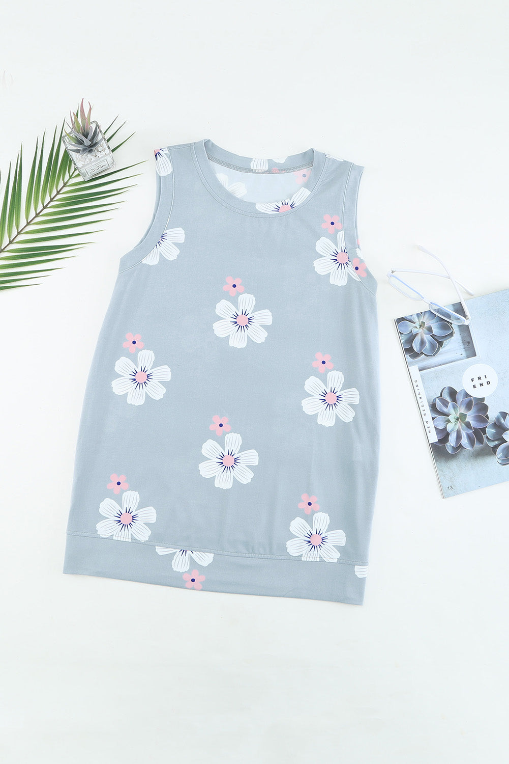 Gray Casual Floral Crew Neck Tank Top