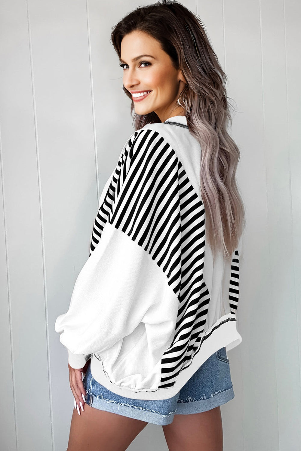 Red Stripe Colorblock Patchwork Contrast Stitching Oversize Sweatshirt