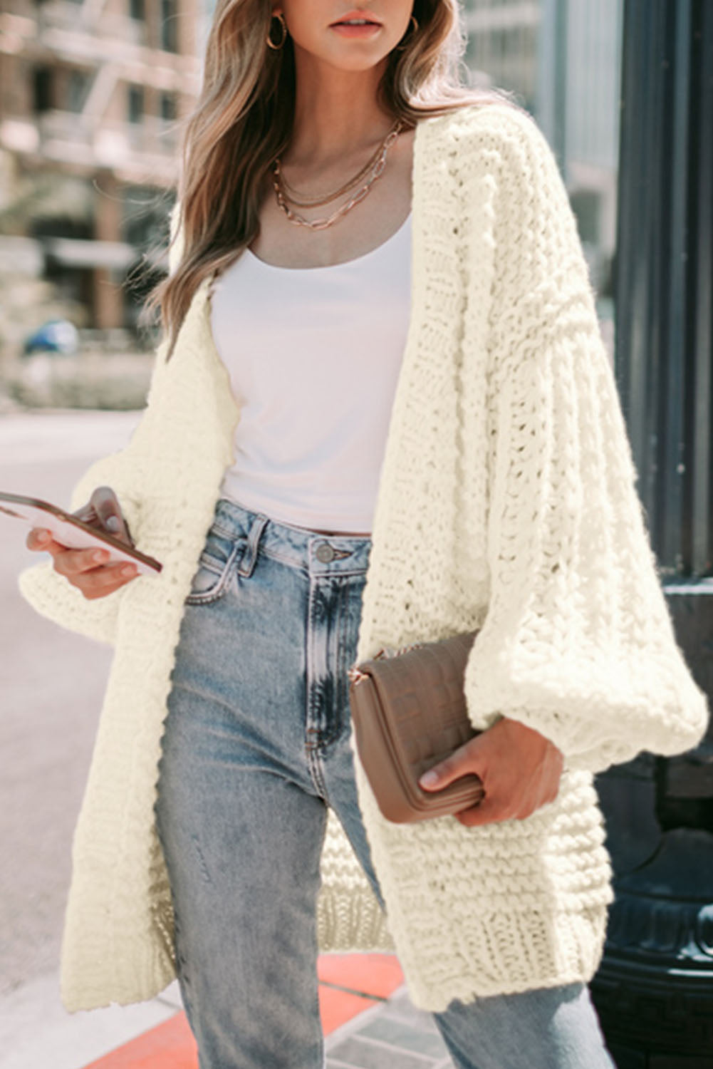 Gray Chunky Oversize Knit Drop Shoulder Puff Sleeve Cardigan