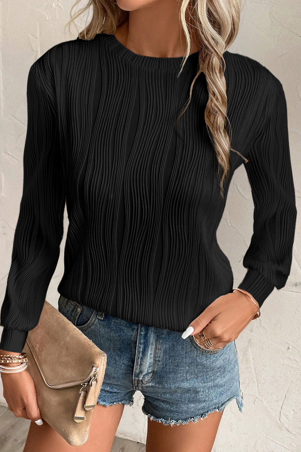 Apricot Textured Wavy Round Neck Long Sleeve Top