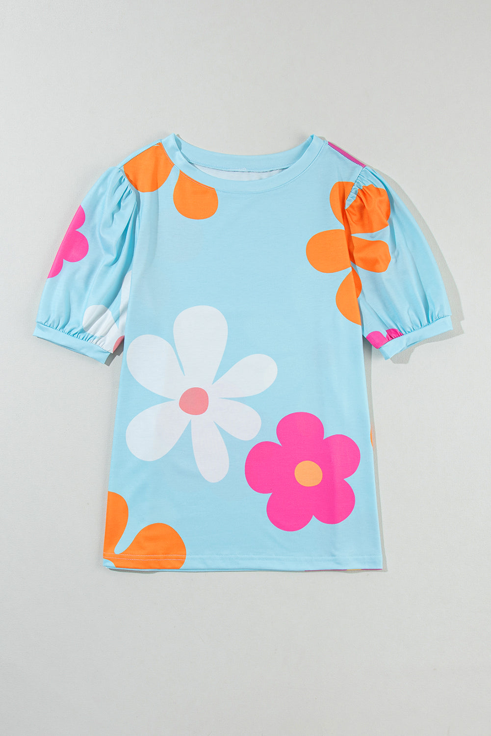 Black Flower Print Bubble Sleeve Tee