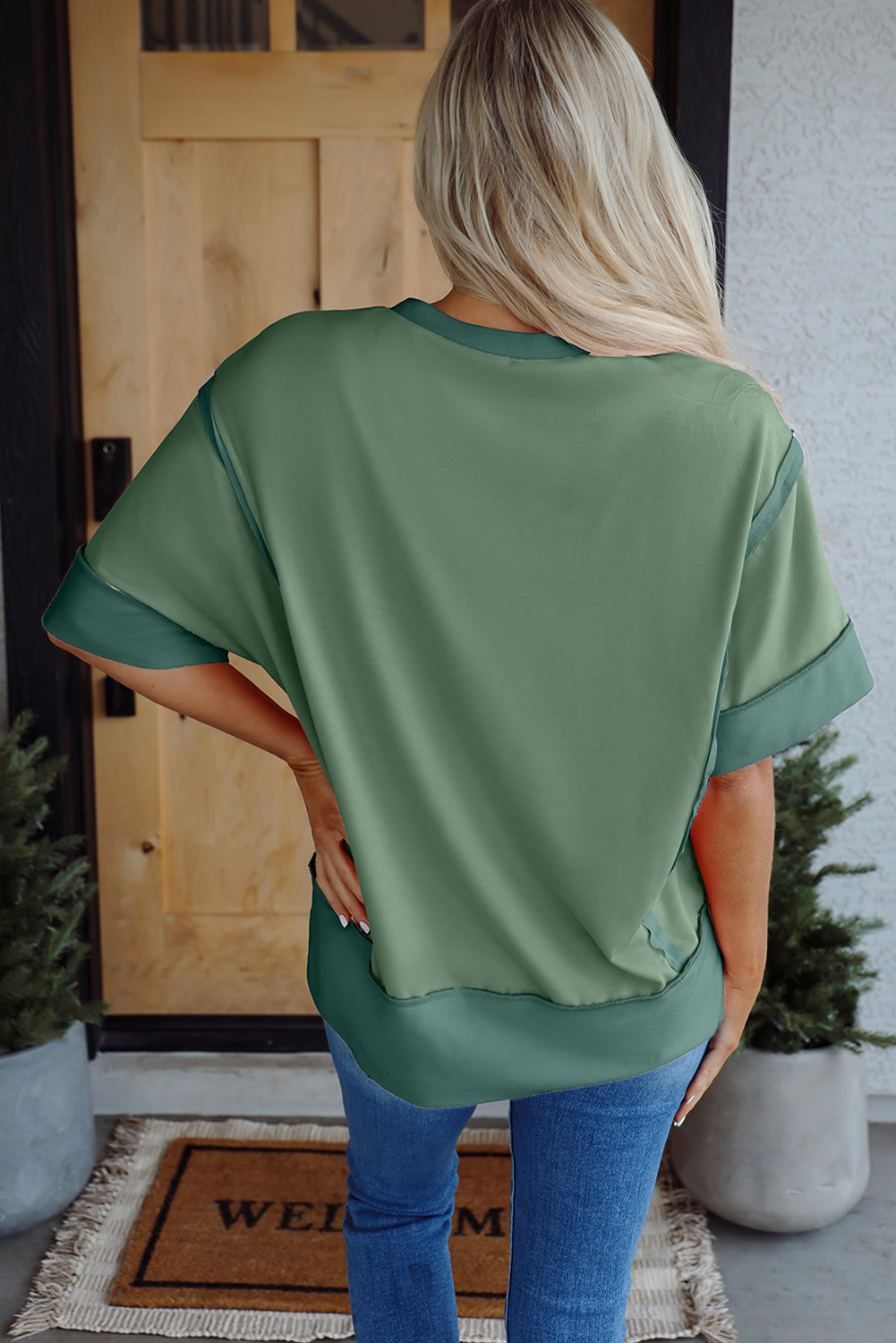 Peach Blossom Half Sleeve Raw Seam High Low Side Split Top