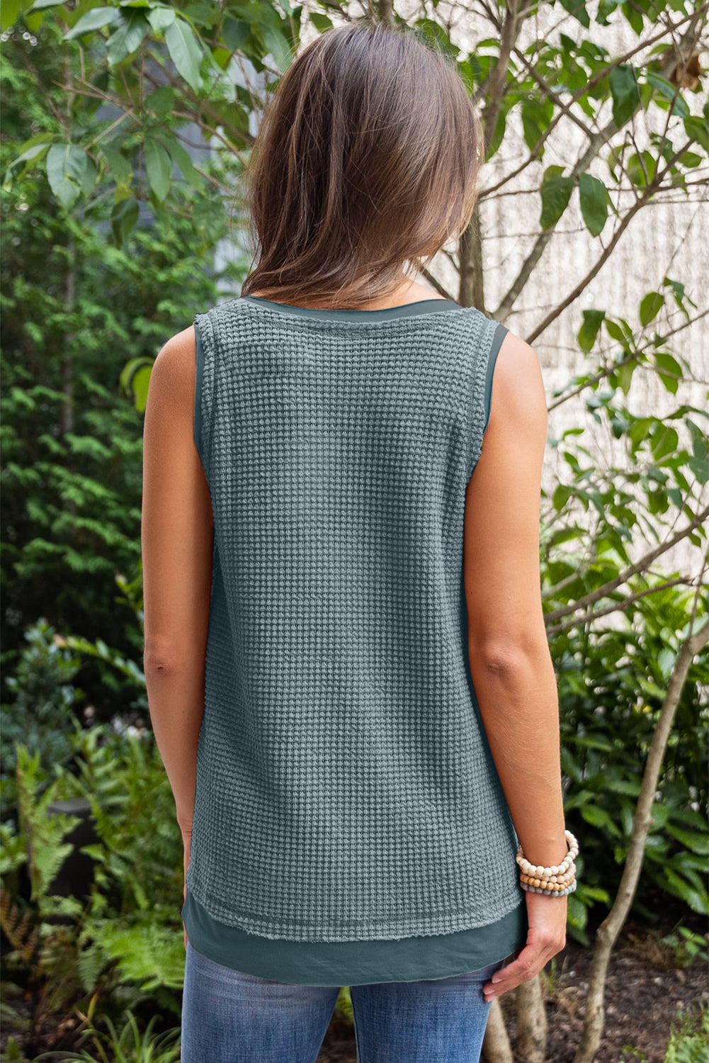 Black Scoop Neck Waffle Knit Flowy Vest
