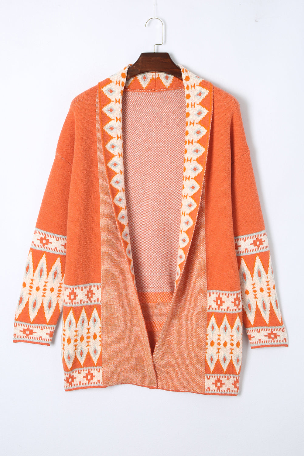 Khaki Aztec Print Open Front Knitted Cardigan