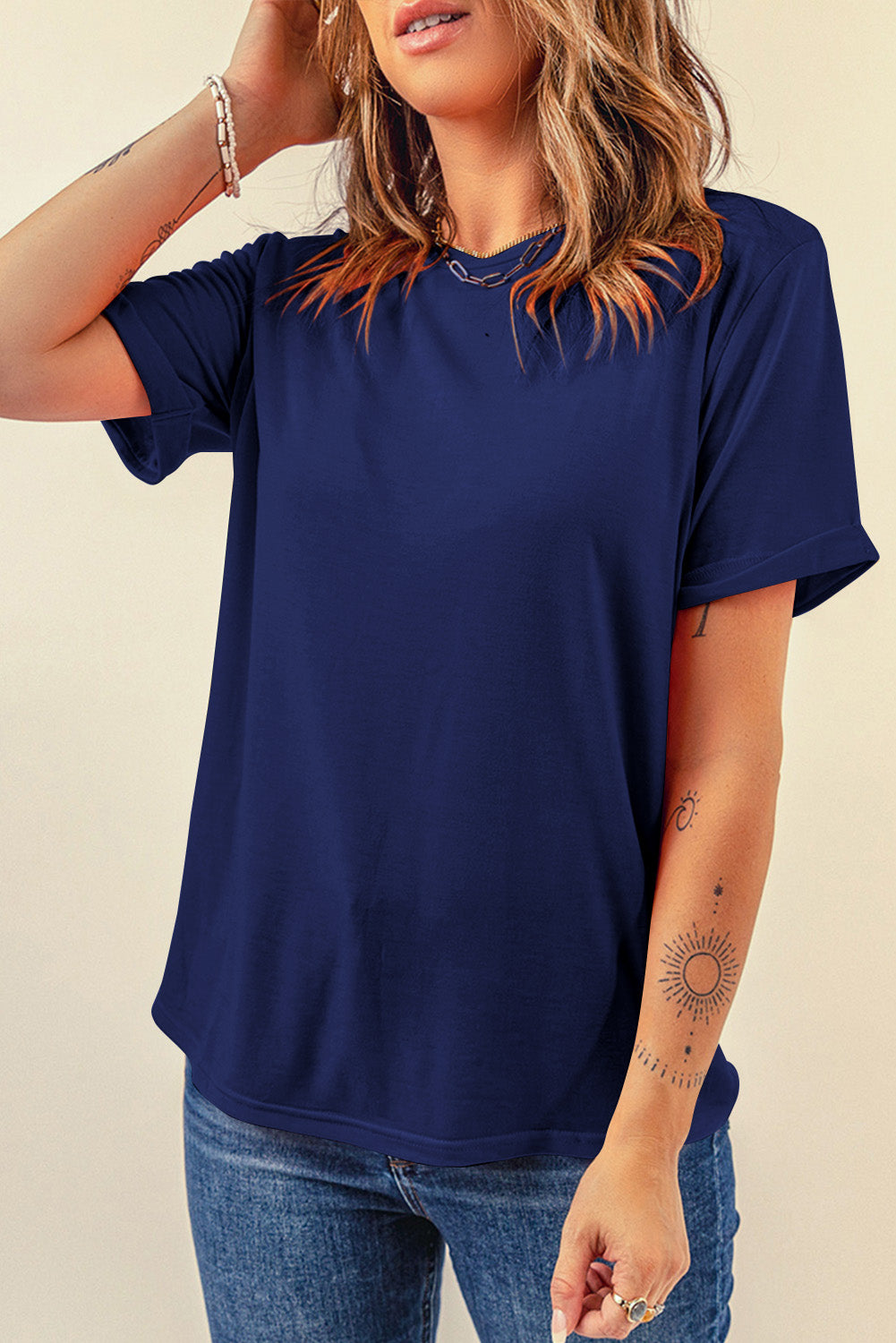 Green Casual Plain Crew Neck Tee