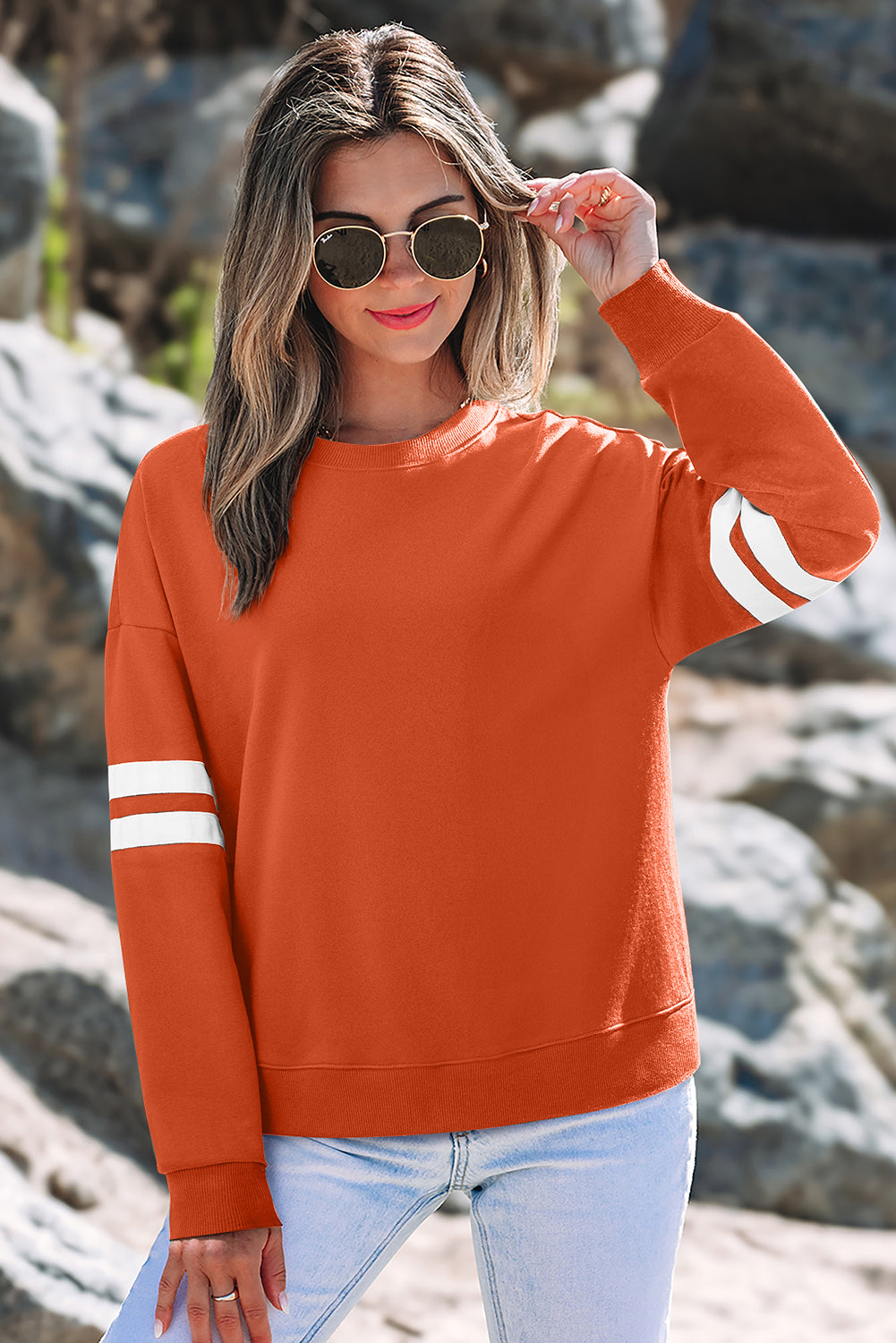Navy Blue Varsity Striped Detail Drop Shoulder Oversized Sweatshirt