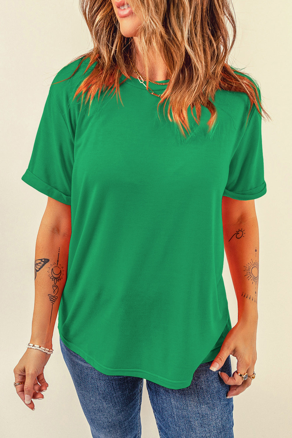 Green Casual Plain Crew Neck Tee