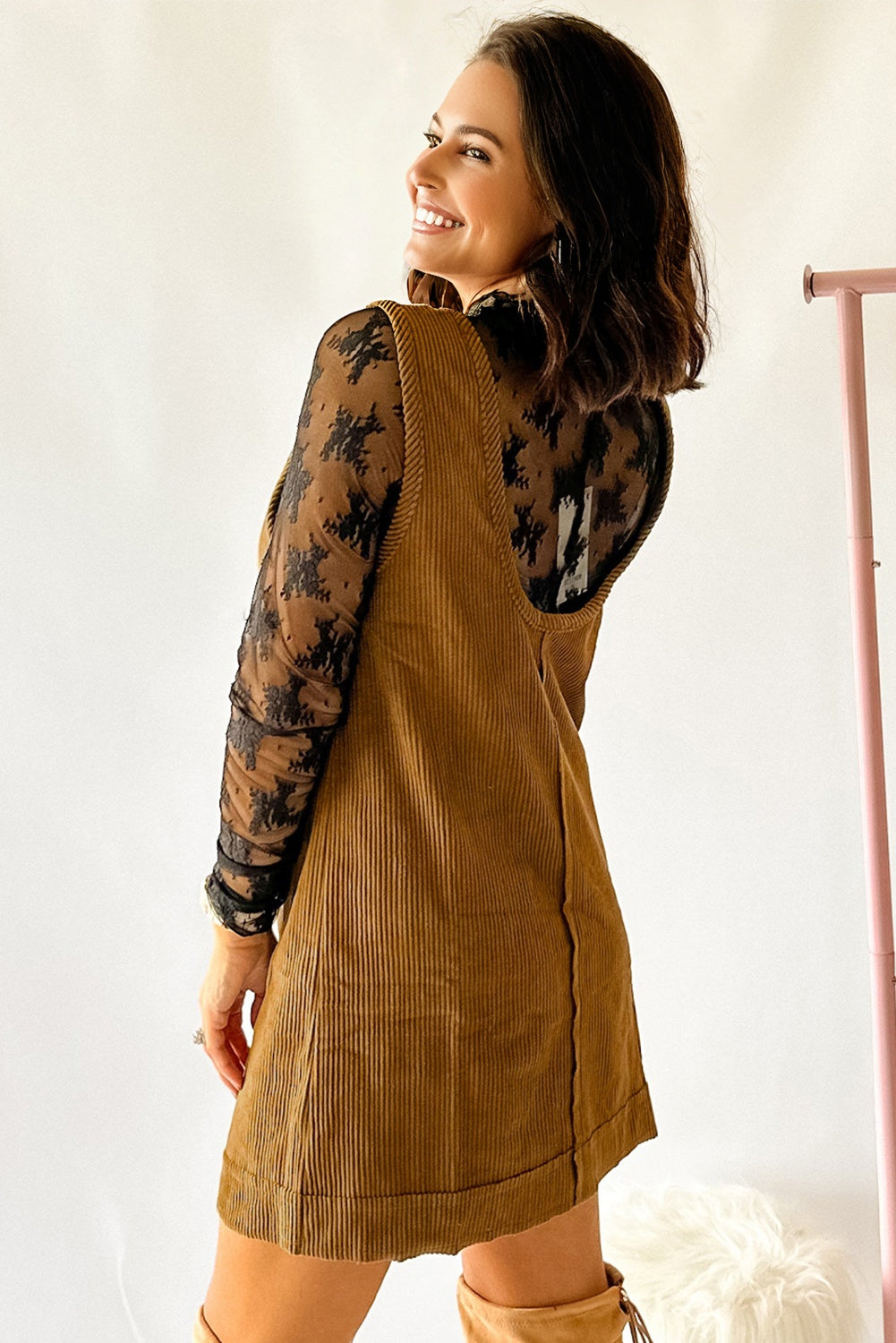 Black Corduroy Sleeveless Mini Dress With Patched Pockets