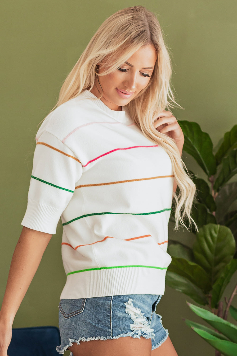 Pink Colorblock Striped Half Sleeve Drop Shoulder Sweater