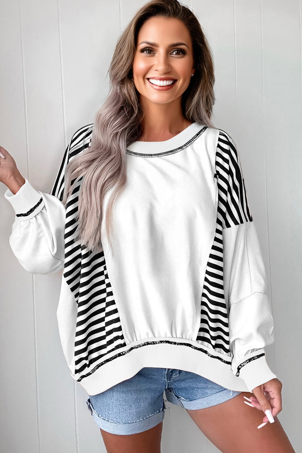 Red Stripe Colorblock Patchwork Contrast Stitching Oversize Sweatshirt