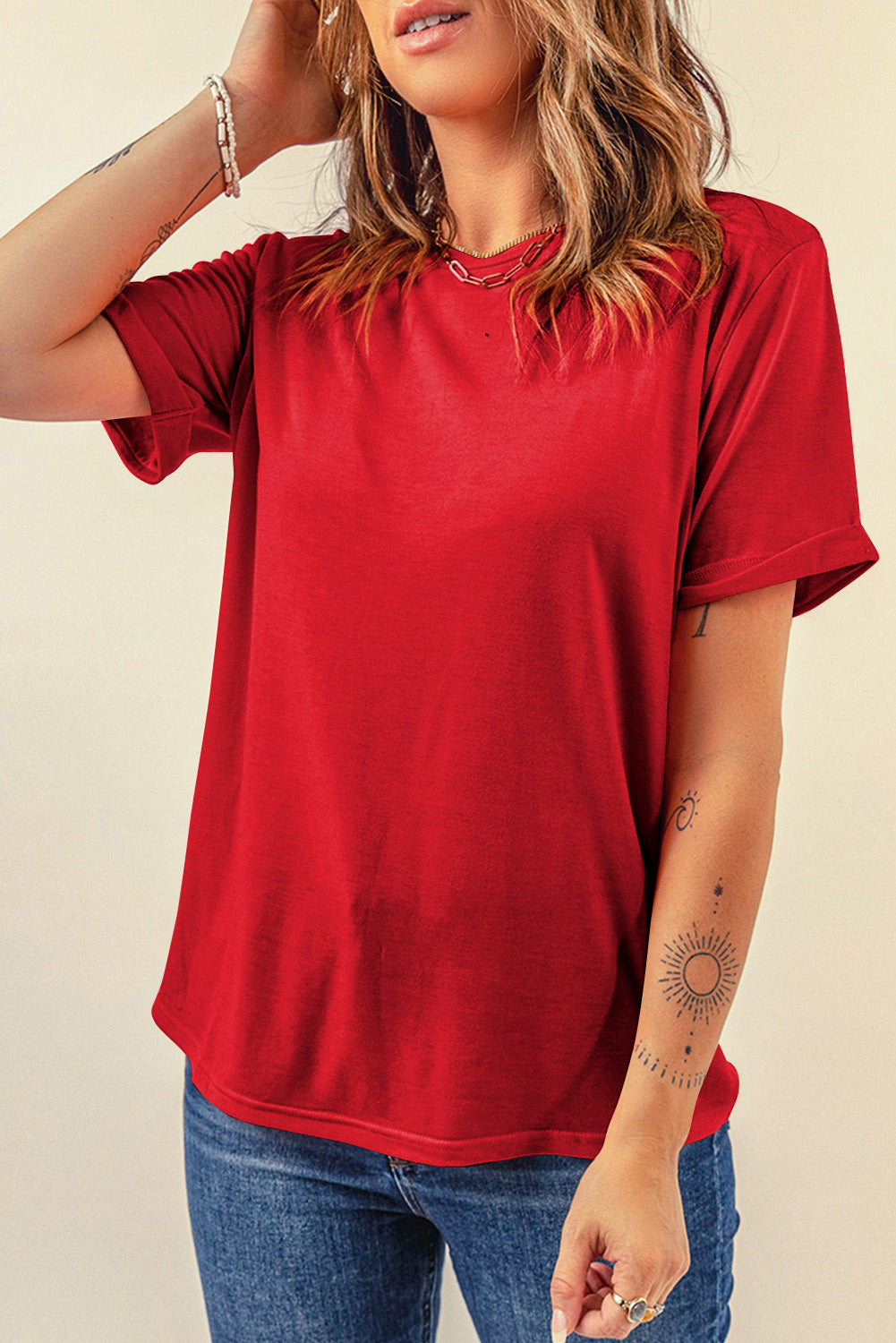 Green Casual Plain Crew Neck Tee