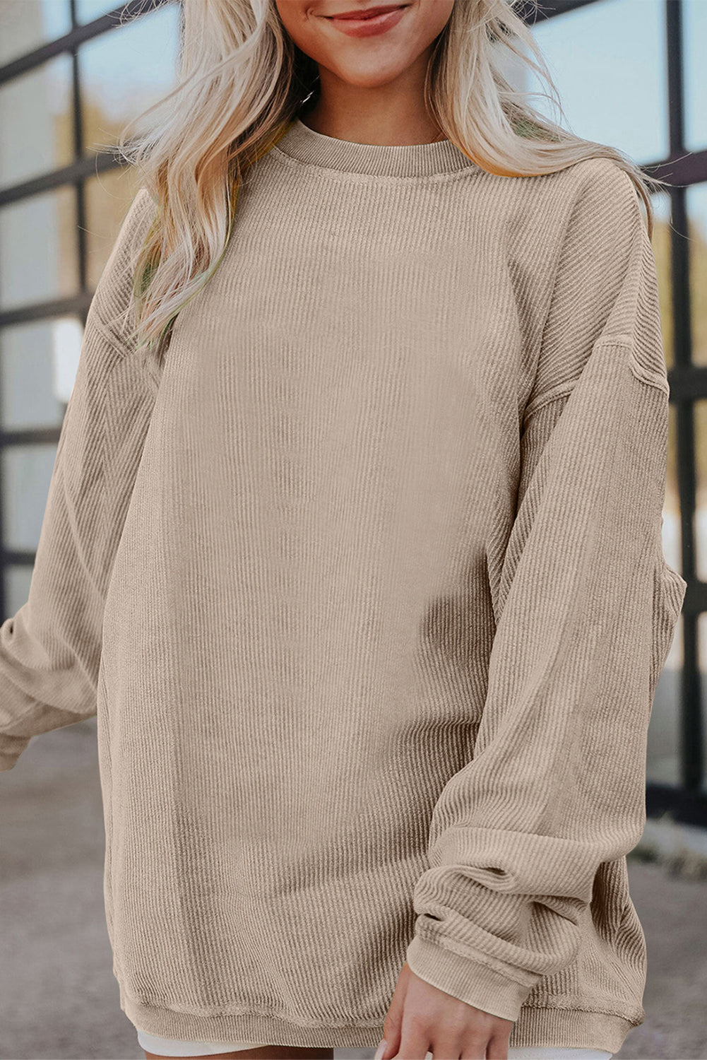 White Ribbed Corduroy Oversized Sweatshirt