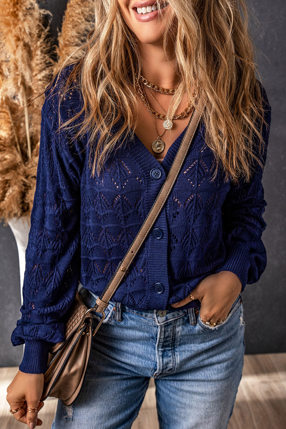 Brown Lightweight Buttoned Front Crochet Cardigan