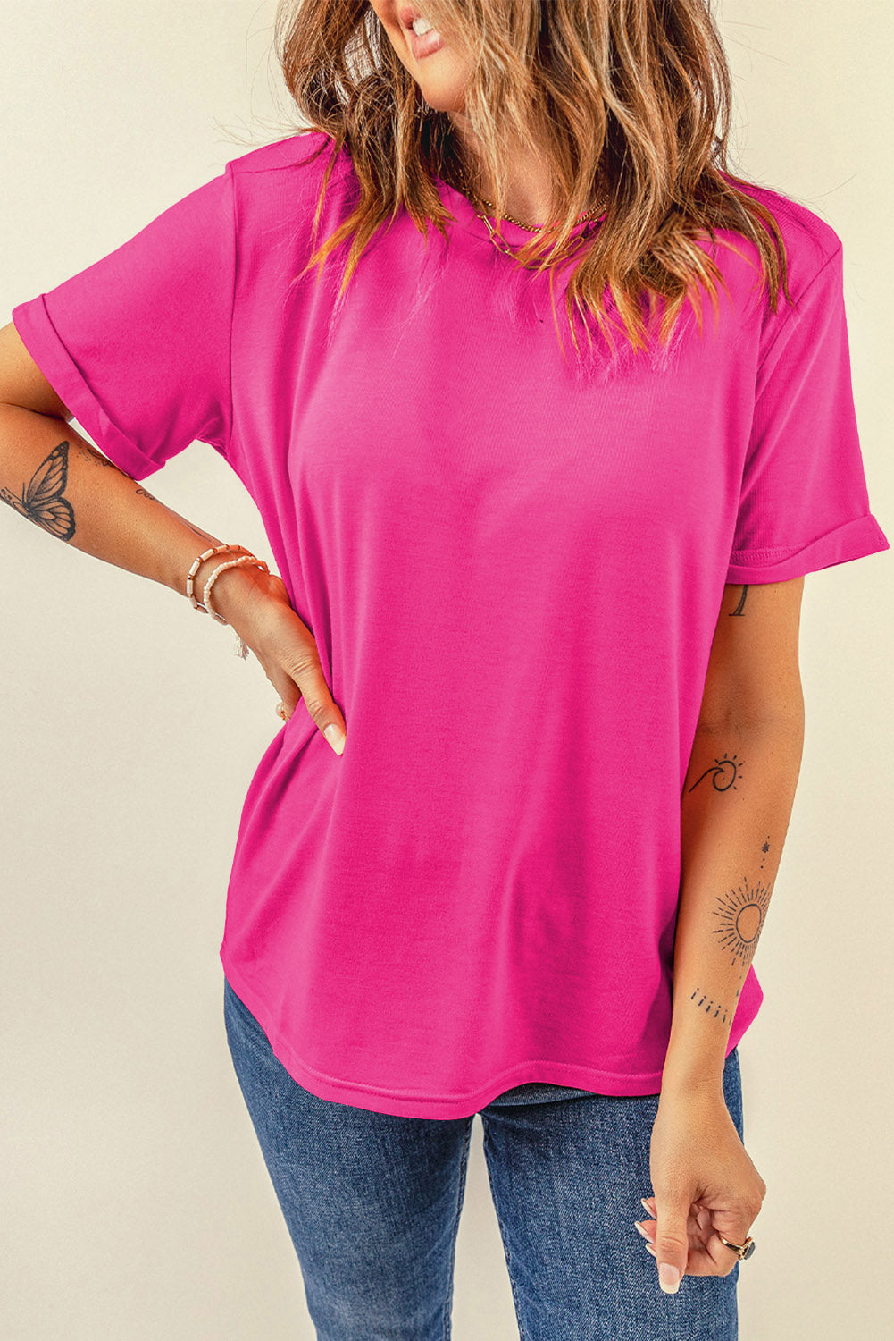 Green Casual Plain Crew Neck Tee