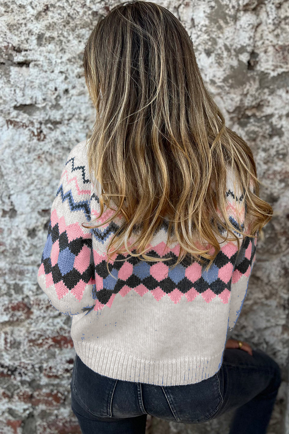 Pink Stripe Geometric Button Up Sweater Cardigan