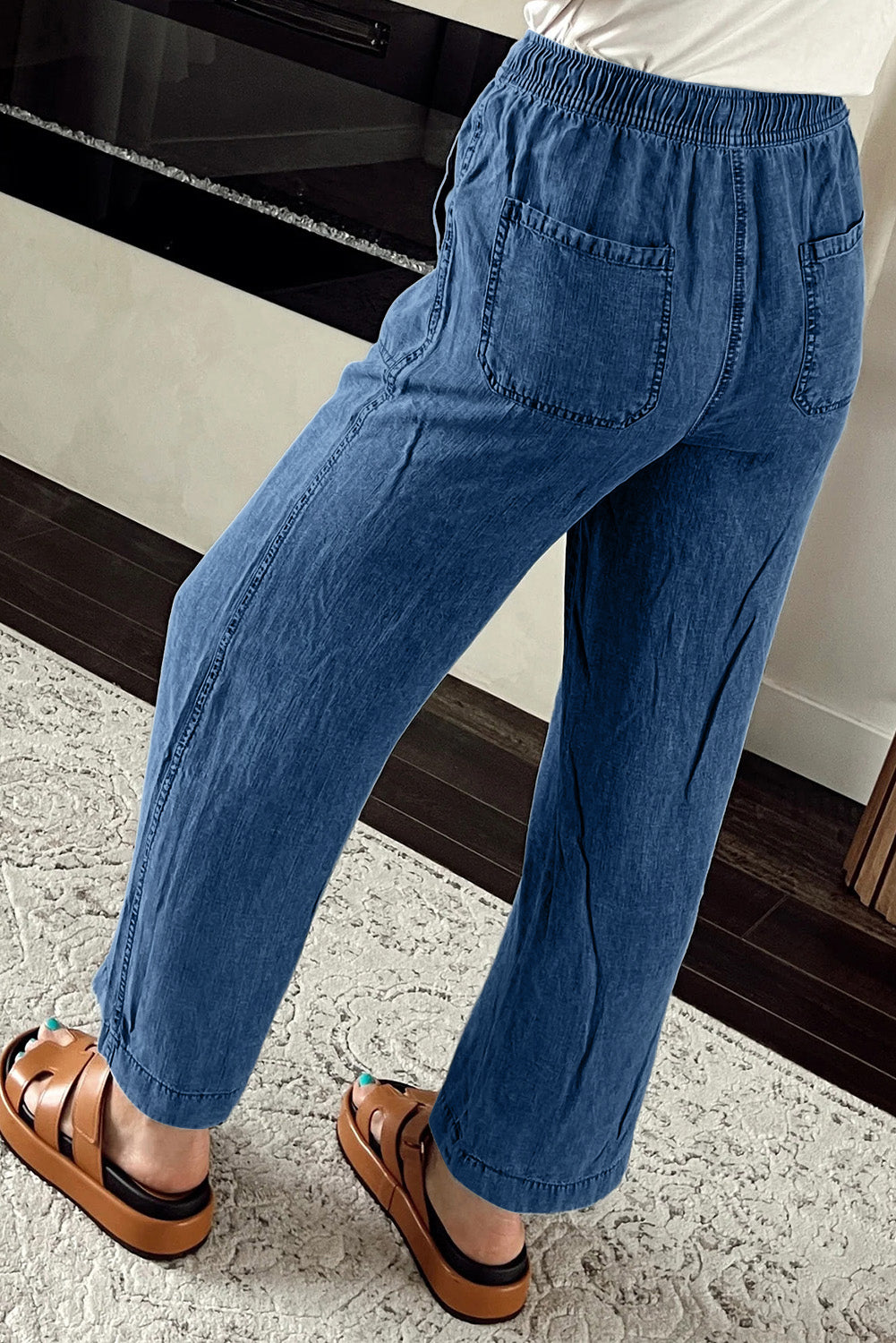 Sail Blue Mineral Wash Drawstring Elastic Waistband Loose Straight Denim Pants