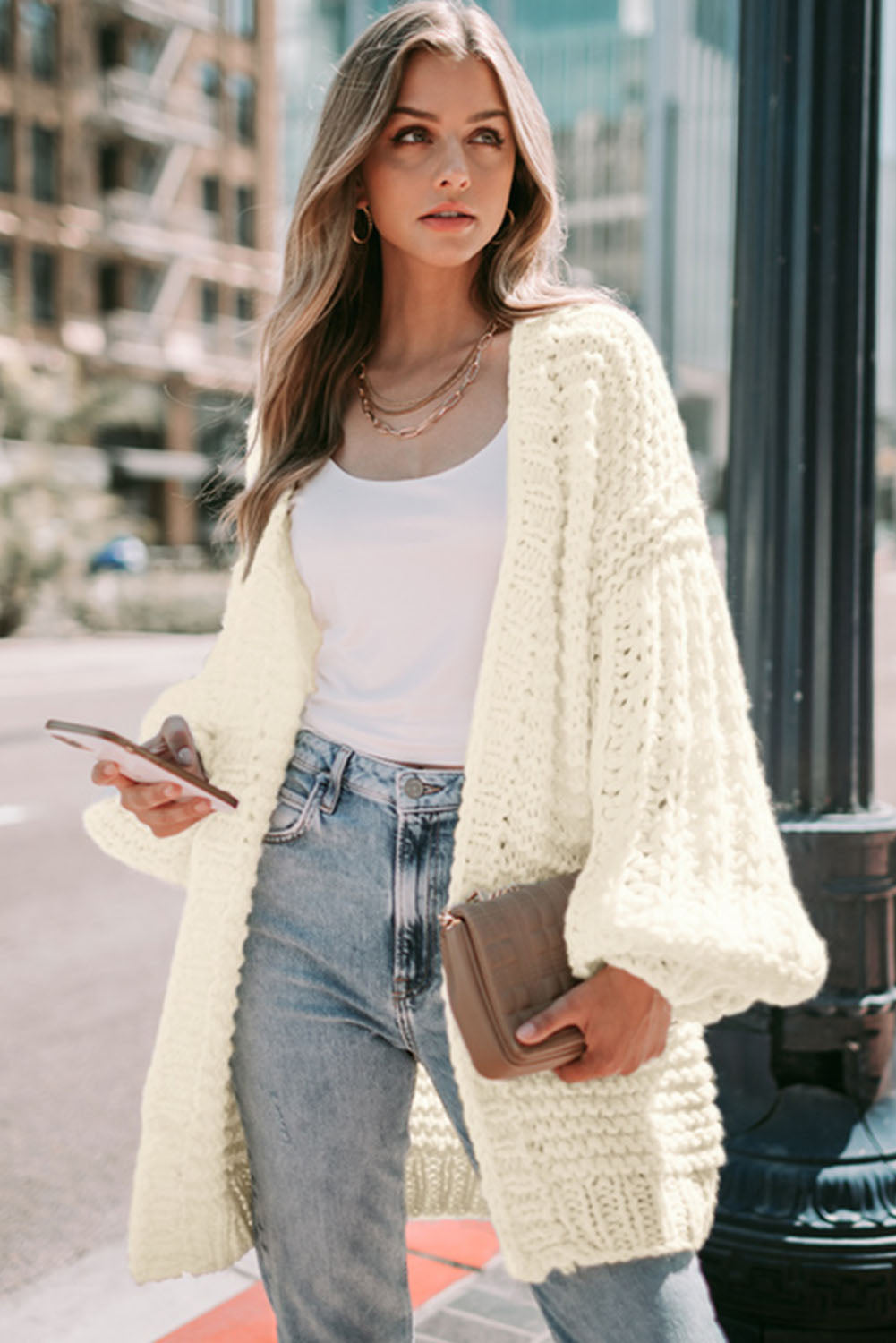 Gray Chunky Oversize Knit Drop Shoulder Puff Sleeve Cardigan